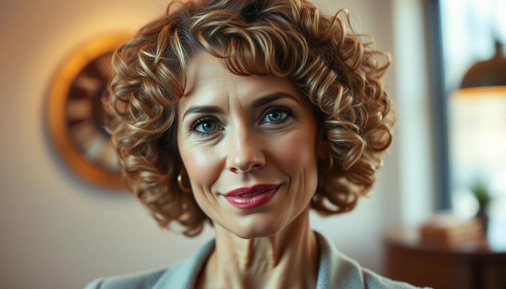 A sophisticated, middle-aged woman with curly, voluminous hair styled in a trendy, flattering cut. Her luscious locks frame her face beautifully, with a soft, natural wave and gentle highlights that catch the light. The lighting is warm and inviting, creating a youthful, radiant glow. Captured with a high-quality camera and lens, the details are crisp and the focus is sharp, highlighting the texture and movement of her stylish, age-appropriate hairstyle. An elegant, confident presence radiates from the subject, embodying the beauty and elegance of women over 50.
