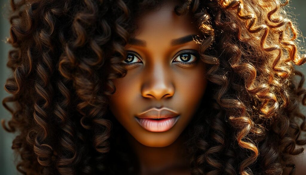 A well-lit, close-up portrait of a woman with large, voluminous curls cascading down her shoulders. Her hair has a distinct, well-defined wave pattern, creating a beautiful, flowing texture. The lighting is soft and natural, highlighting the shine and definition of the curls. The subject's facial features are in sharp focus, creating a hyper-candid, intimate feel. The background is blurred, drawing the viewer's attention to the intricate details of the hairstyle. Captured on a Sony A7R IV with a 70mm lens, using a polarizer filter for optimal clarity.