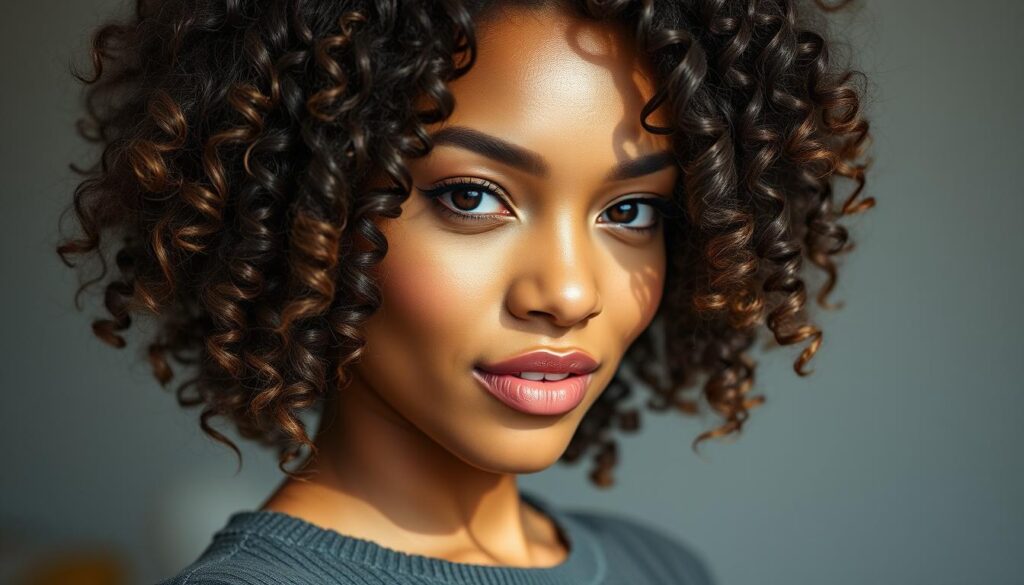 Captivating long bob hairstyles with luscious natural curls cascading effortlessly, shot on a Sony A7R IV with a 70mm lens. Polarized light enhances the dynamic texture and vibrant shine of the tresses. Hyper-candid and sharply defined, the scene exudes a serene, inviting atmosphere. Elegant and versatile, these long bob variants for curly hair embody the essence of the article's subject - natural, beautiful lockenfrisuren.